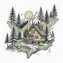 small forest with a mountain with trees and a random small house that looks abandons tattoo design idea