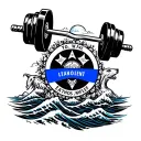 A weightlifting barbell intertwined with a thin blue line representing law enforcement, surrounded by ocean waves and various animals tattoo design idea