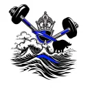 A weightlifting barbell intertwined with a thin blue line representing law enforcement, surrounded by ocean waves and various animals tattoo design idea
