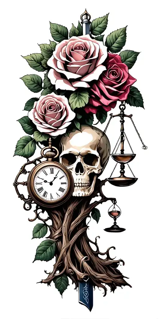 family tree, rose intertwined, evil eye, skull, scales, truth, pocket watch, hour glass, sword tattoo design idea