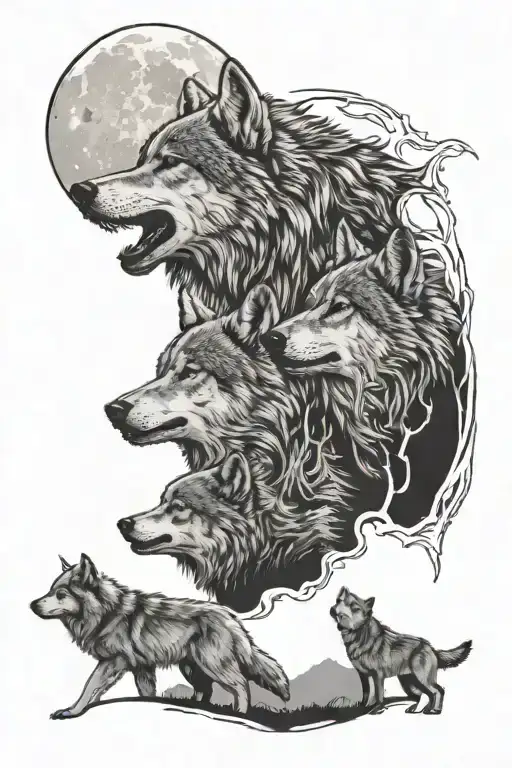 family of wolves howling at the moon, 2 adults and 2 cubs, on a landscape, black and grey tattoo design idea