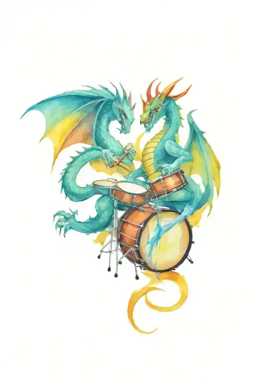 yellow and red dragon playing the drums tattoo design idea