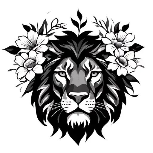 lion head tattoo holding flowers tattoo design idea
