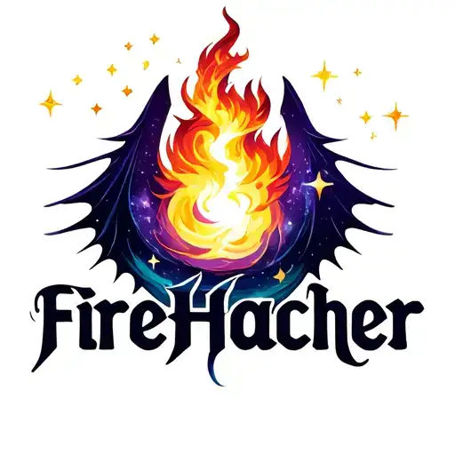 Make a logo for word "FireHacher." Fire breathing space dragon, stars, moons, more purple galaxy, more dragon element tattoo design idea