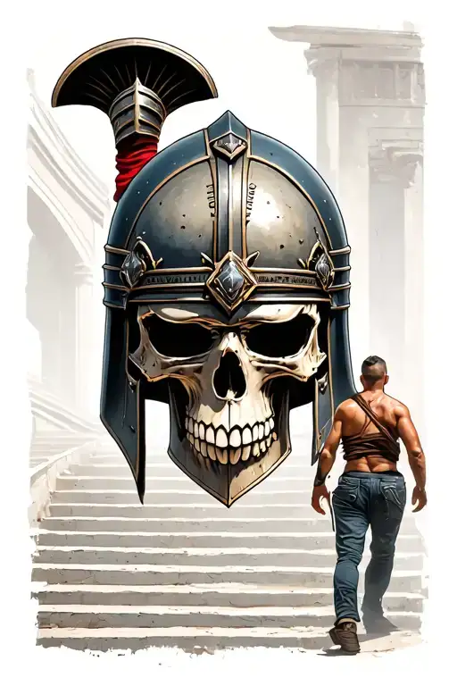 Gladiator helmet with a skull as the face. A man walking up with sons to stairs at bottom of helmet tattoo design idea