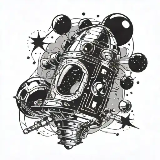 Galactic pharmacy: A futuristic space capsule surrounded by swirling galaxies and stars tattoo design idea