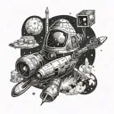 Galactic pharmacy: A futuristic space capsule surrounded by swirling galaxies and stars tattoo design idea