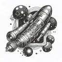 Galactic pharmacy: A futuristic space capsule surrounded by swirling galaxies and stars tattoo design idea