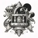 Galactic pharmacy: A futuristic space capsule surrounded by swirling galaxies and stars tattoo design idea