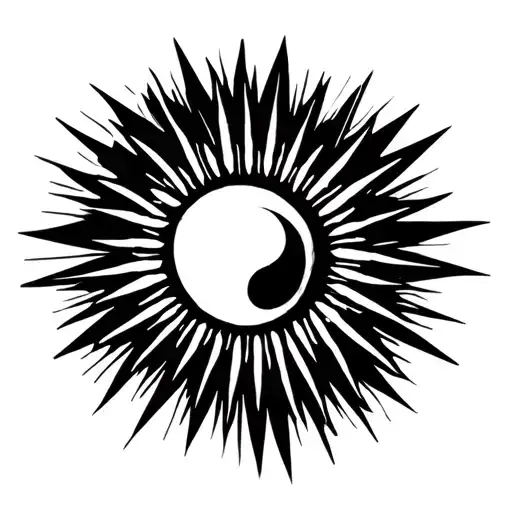 sun rays in black minimalistic line and dot work , with a hollow centre tattoo design idea