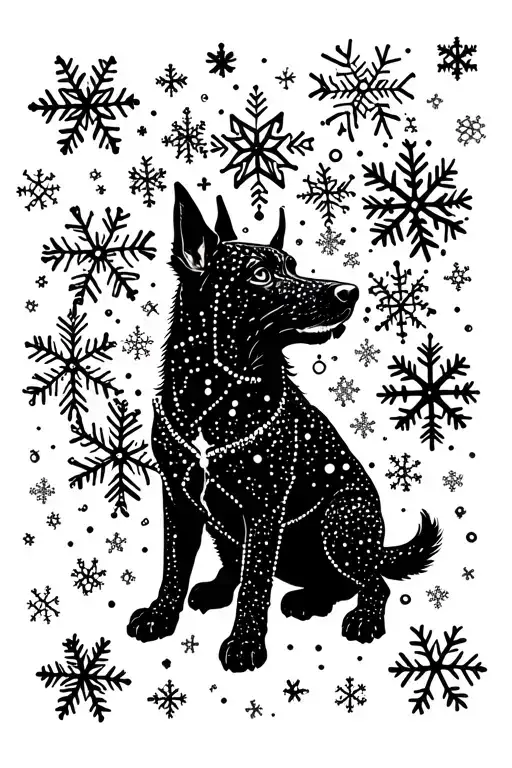 canis major constellation made of snowflakes inside a dog silhouette tattoo design idea