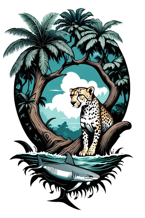 jungle with cheetah in tree and ocean on bottom with hammerhead shark in it tattoo design idea