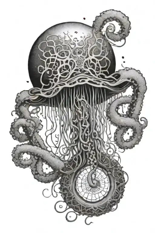 The tentacles stretch from the bottom up. A New Year's ball hangs in the center. A jellyfish floats on top tattoo design idea