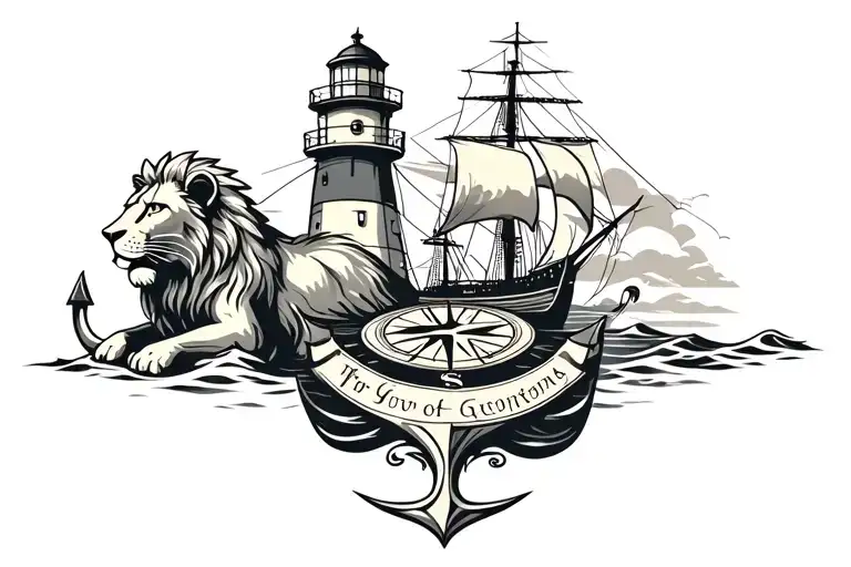 lion lighthouse compass anchor sea ship tattoo design idea