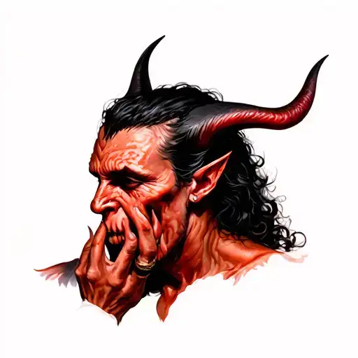 devil whispering with hand over mouth into ear tattoo design idea
