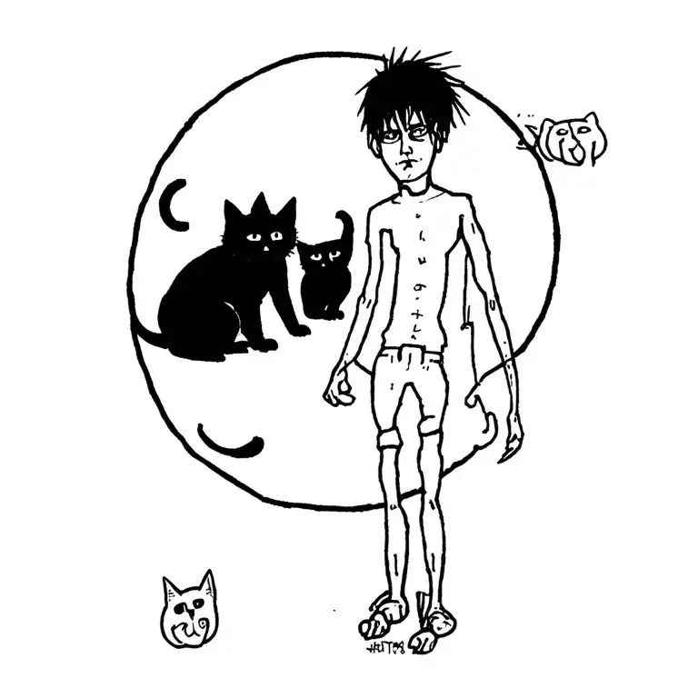 punk rock young man with gang of cats tattoo design idea