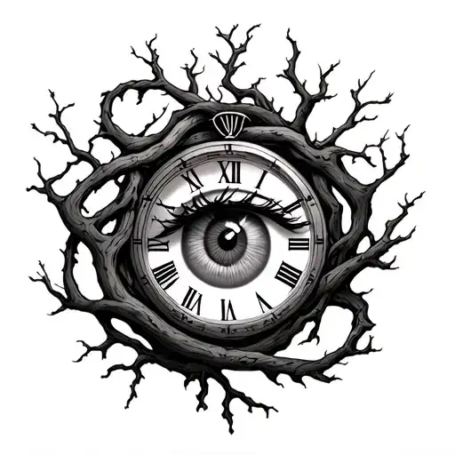 Dna Strand made from tree branches with a roman numeral clock intertwined and an eye tattoo design idea