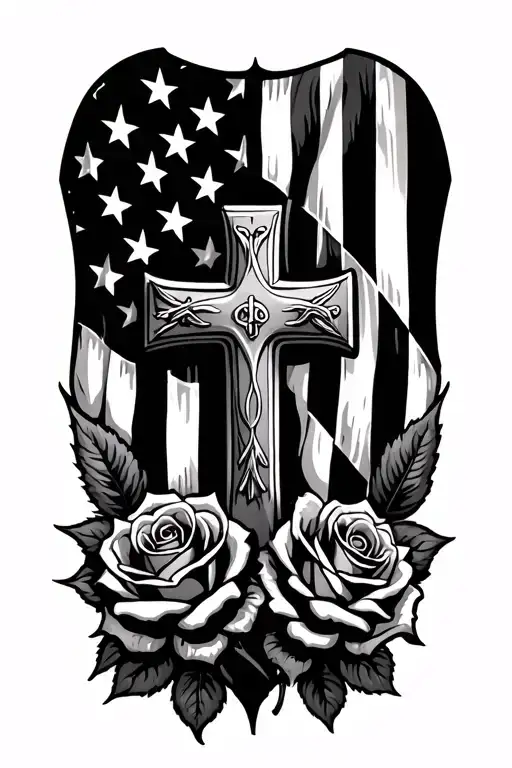 Cross, Roses, American flag tattoo design idea