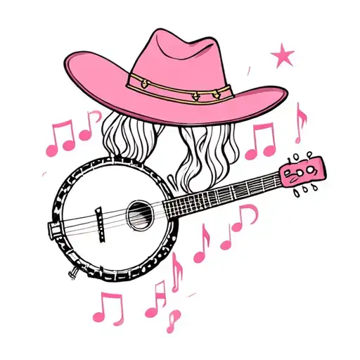 banjo upright. banjo music notes around banjo neck, pink cowgirl hat with a star on top of the banjo tattoo design idea