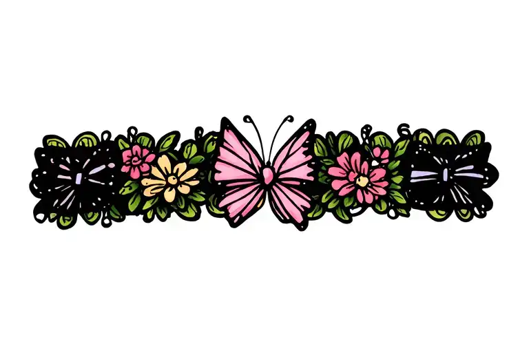 girly feminine tramp stamp tattoo butterflies bows flowers garter stocking tattoo design idea
