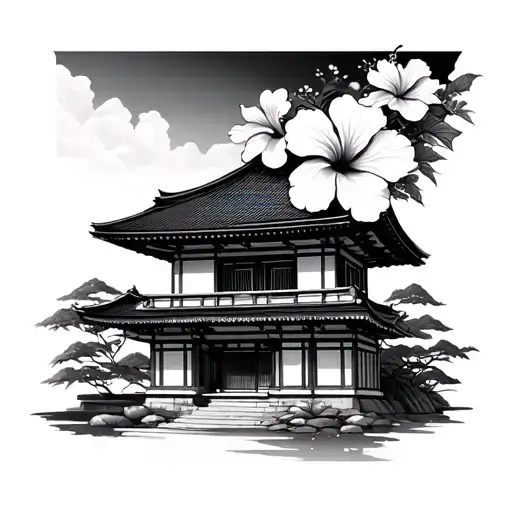 Japanese building with hibiscus flowers layered on it tattoo design idea