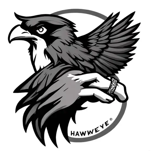 hawkeye logo and ladies hand with wedding ring tattoo design idea