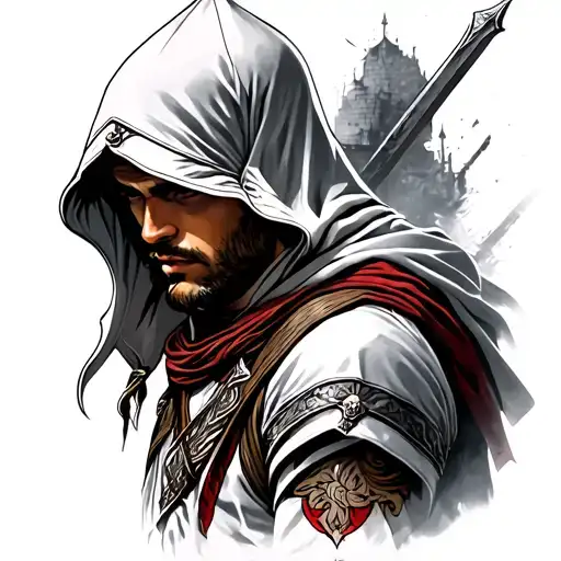 Assassins creed 2 tattoo for bicep and shoulder with ezio looking away tattoo design idea
