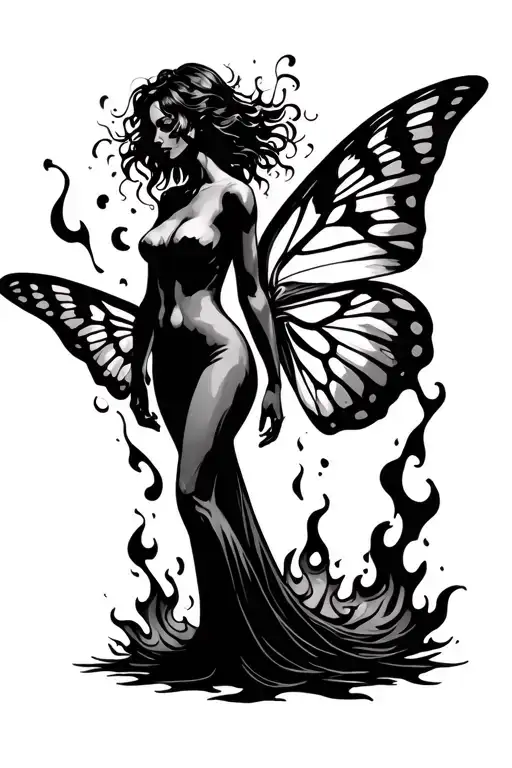 the silhouette of a curvy woman engulfed in flames becoming a moth tattoo design idea