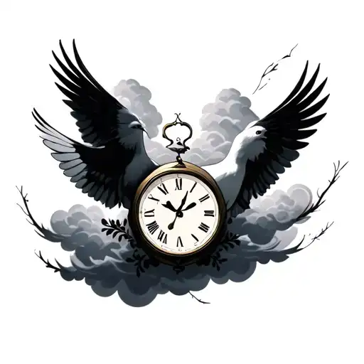 doves clouds clock tattoo design idea