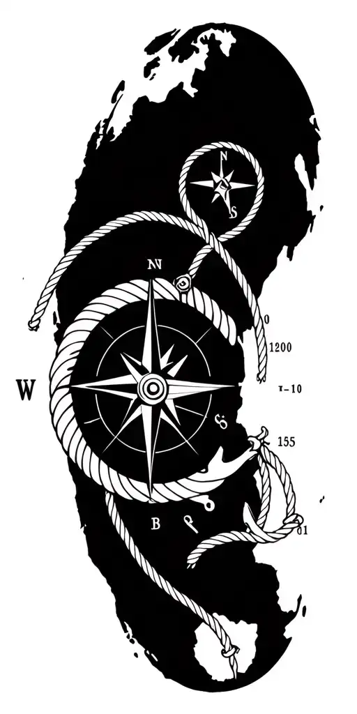 world map compass sailing ship rope anchor grid coordinates  tattoo design idea