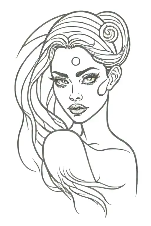 Scorpio Moon inspired sexy woman with large eyes and long hair in forward profile tattoo design idea