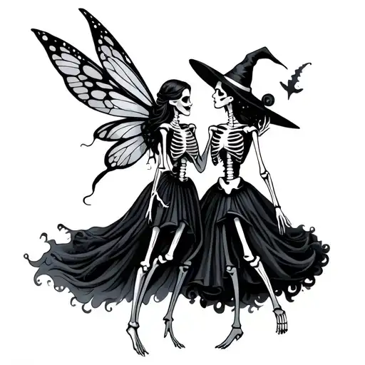 A fairy and a witch dancing skeleton tattoo design idea