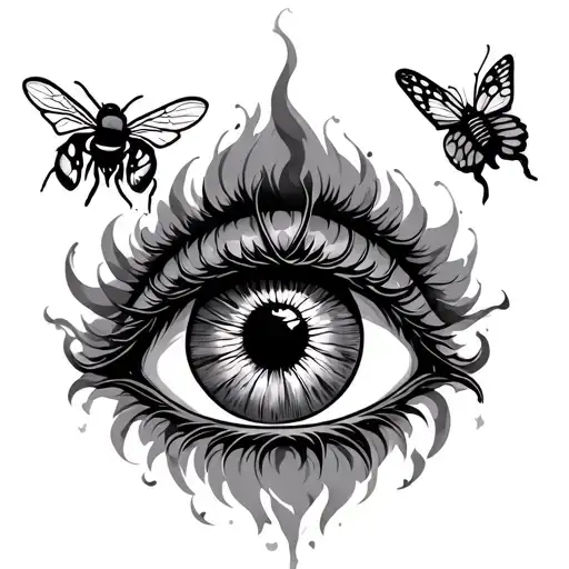 evil eye with bee and butterfly surrounded tattoo design idea
