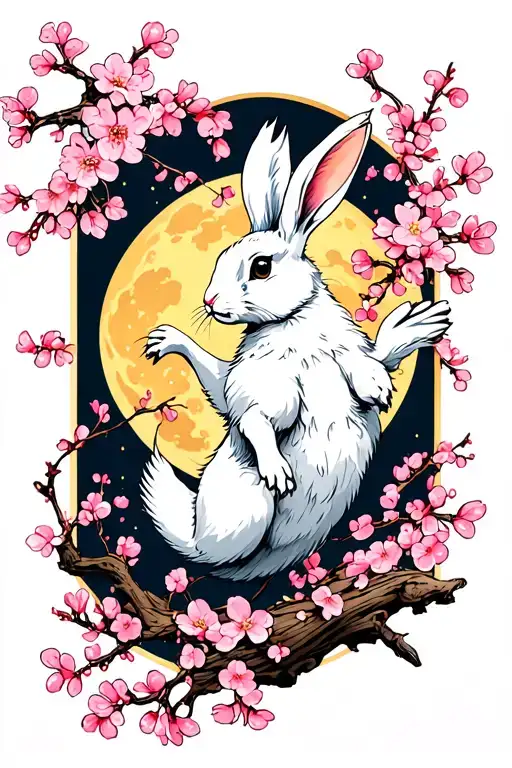 a white hare leaping, pink cherry blossoms surrounding it with a yellow moon in the background tattoo design idea