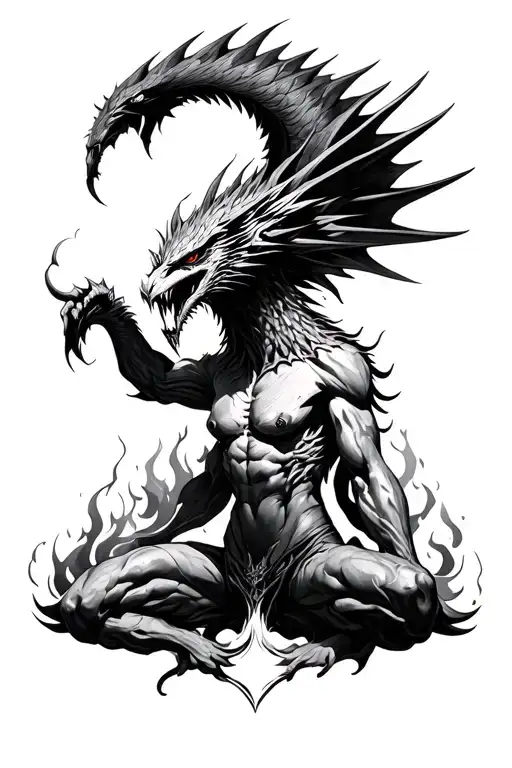 Phenex biting demons with burning sun tattoo design idea