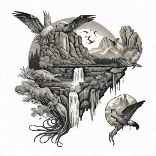 A montage of different wildlife species in their natural habitats, set against a backdrop of mountains and waterfalls, captured in a cinematic style tattoo design idea