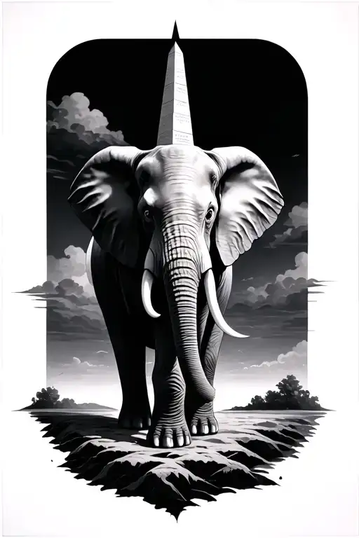 Elephant in style of Salvador Dali with a surreal obelisk on its back tattoo design idea