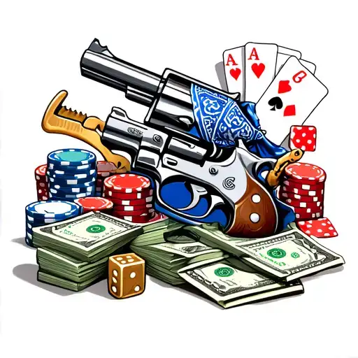 colt 45 with a blue bandana, straight razor, playing cards, poker chips, dice, brass knuckels, stack of money tattoo design idea