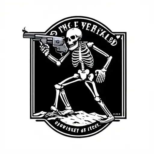 skeleton walking though desert smoking a cigarette and holding a revolver within the label of a whiskey bottle tattoo design idea