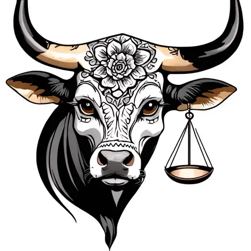 feminine bull with sugar skull markings, brown eyes and two Libra scales and dark background tattoo design idea