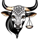 feminine bull with sugar skull markings, brown eyes and two Libra scales and dark background tattoo design idea