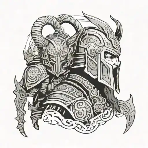 father and son walking forward, facing away, behind them on the ground lies the helmet of the god Loki tattoo design idea
