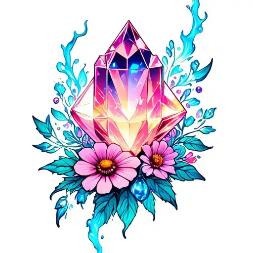 a pink crystal with flowers and glowing blue energy floating tattoo design idea