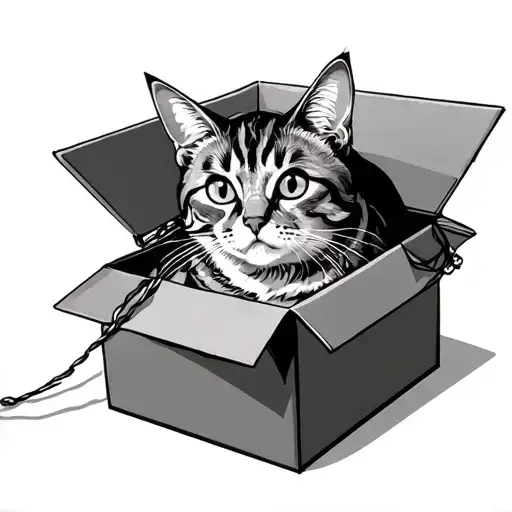shrodengers cat with string coming out of the box tattoo design idea