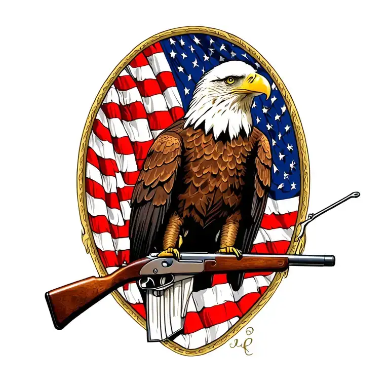 A patriotic bald eagle perched on a rifle with an American flag in the background tattoo design idea