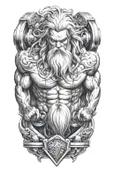 Super muscled Atlas Greek God with long silver hair and beard lifting weights tattoo design idea