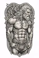 Super muscled Atlas Greek God with long silver hair and beard lifting weights tattoo design idea