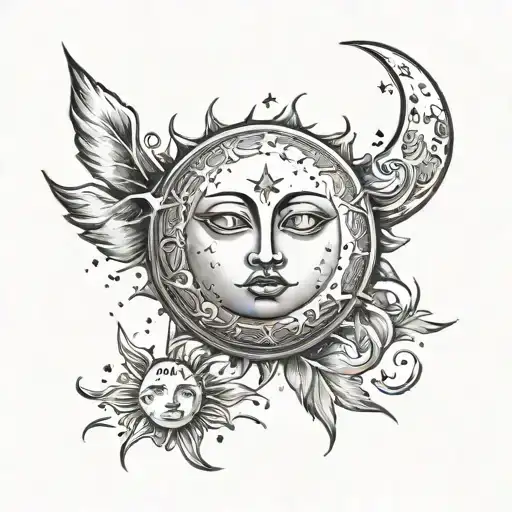sun illuminating moon with stars  tattoo design idea
