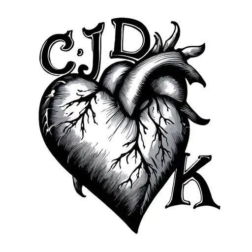 heart with letters C J D K tattoo design idea