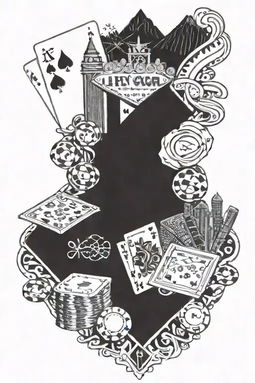 Vegas strip with mountains in the back, and playing cards and poker chips tattoo design idea